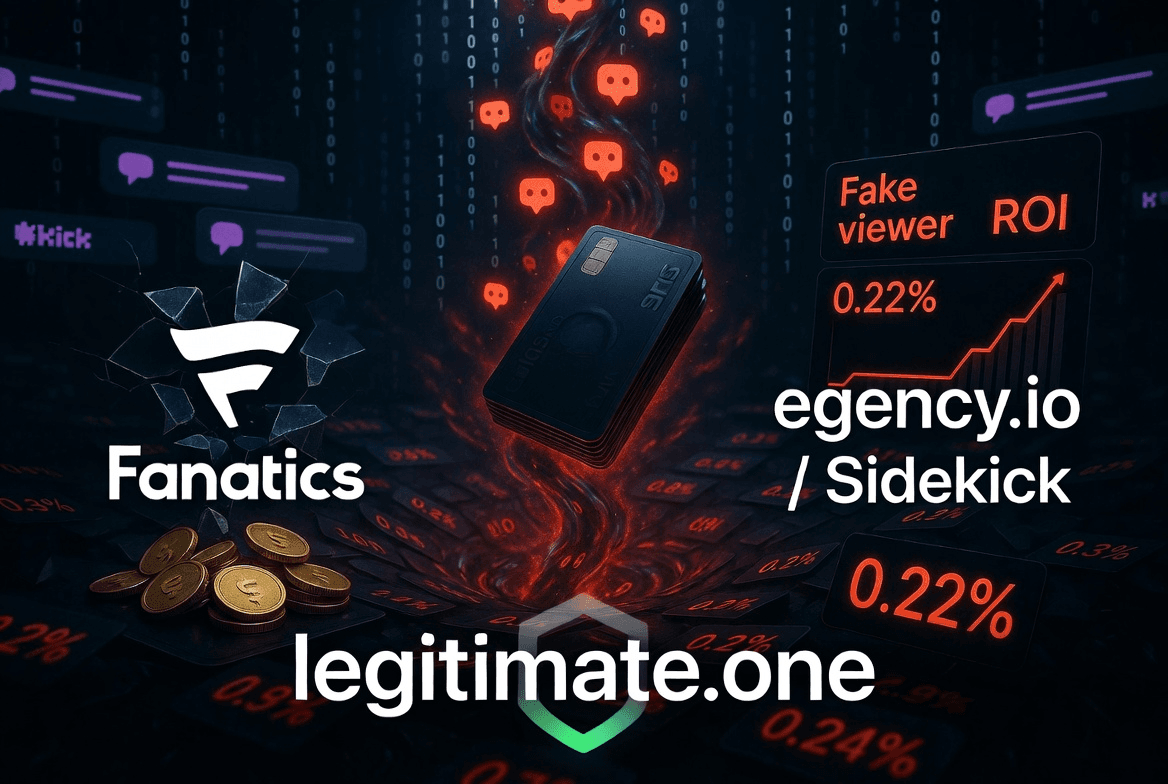 A stack of Fanatics-branded cards falling into a vortex of binary code and red 0.22% figures, with the Kick logo, fake-viewer ROI charts, egency.io / Sidekick, and the legitimate.one wordmark.